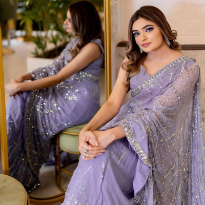 Light Purple Sequins Embroidered Georgette Saree