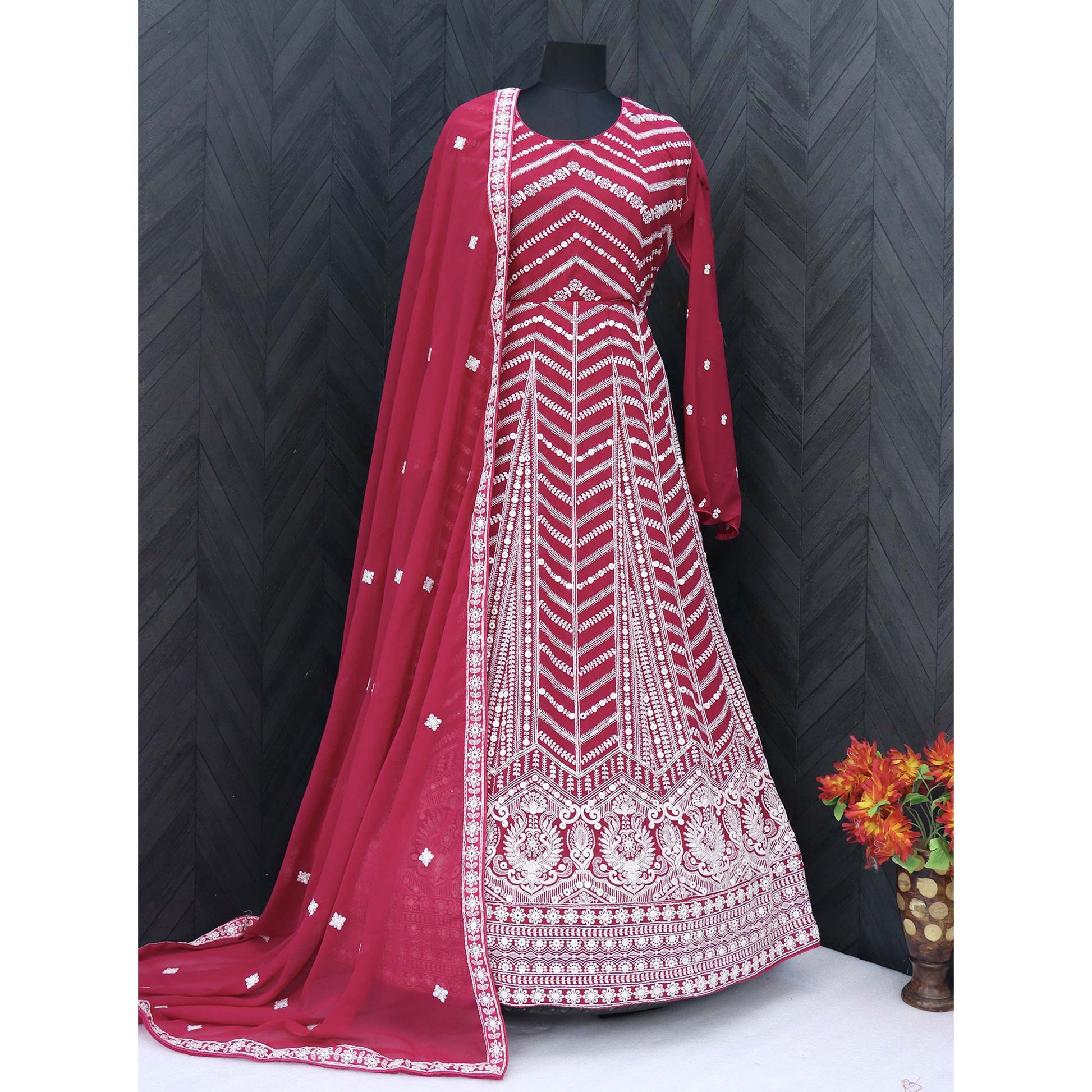 Maroon Sequins Embroidered Georgette Semi Stitched Anarkali Suit