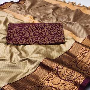 Chikoo Woven Cotton Silk Saree With Tassels