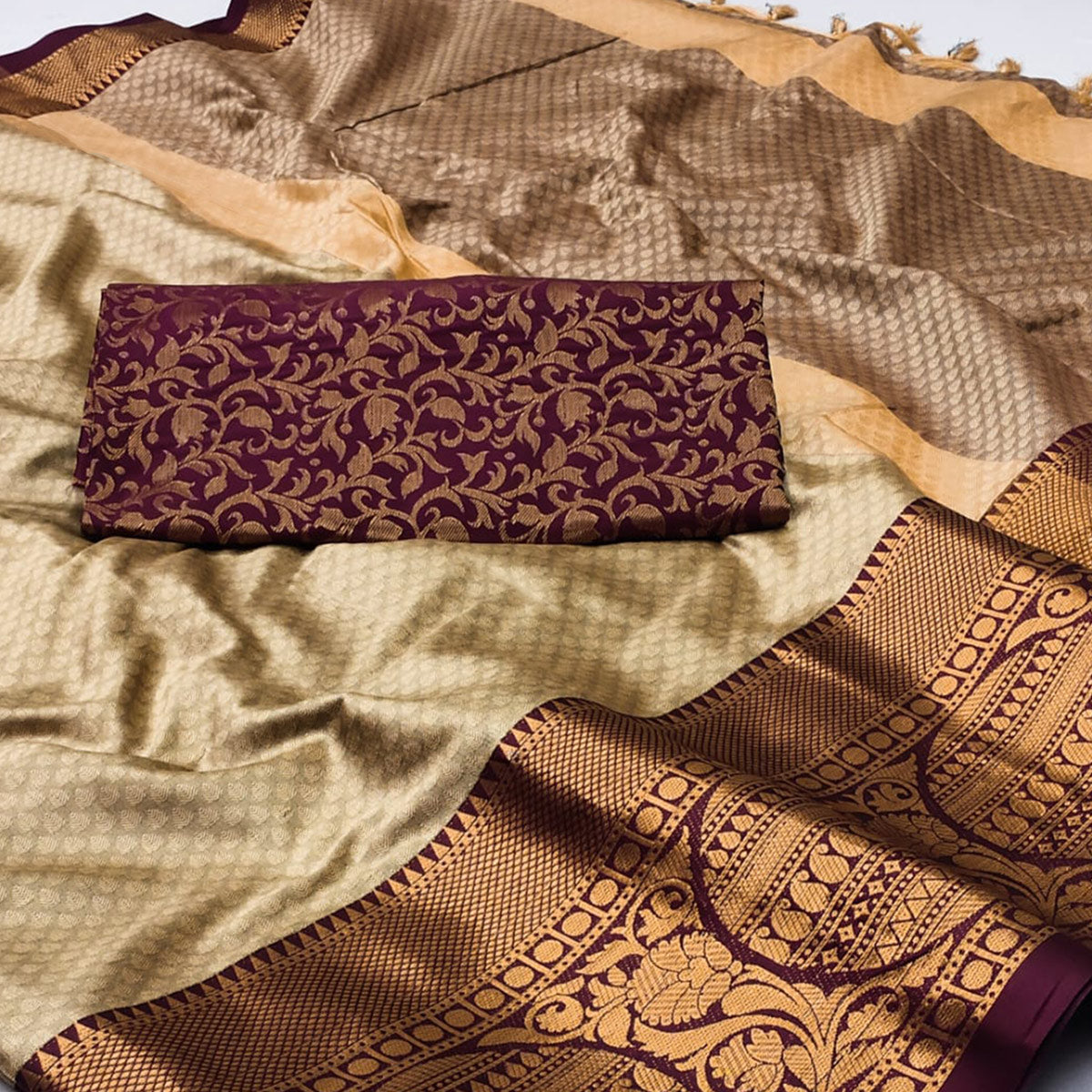 Chikoo Woven Cotton Silk Saree With Tassels