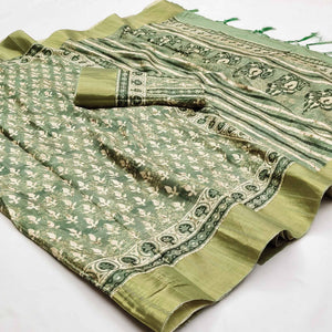 green-floral-digital-printed-matka-tussar-silk-saree-with-tassels