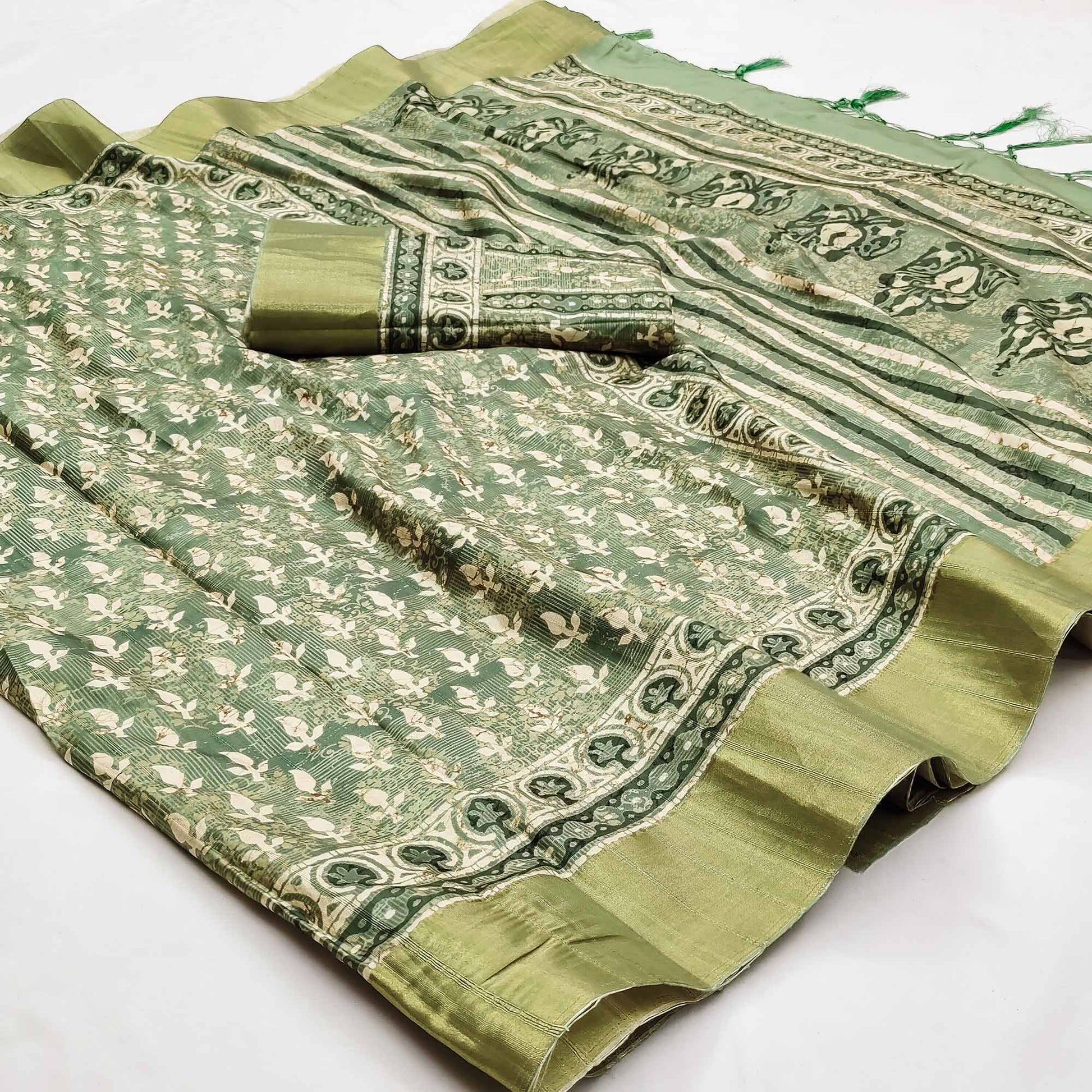 green-floral-digital-printed-matka-tussar-silk-saree-with-tassels