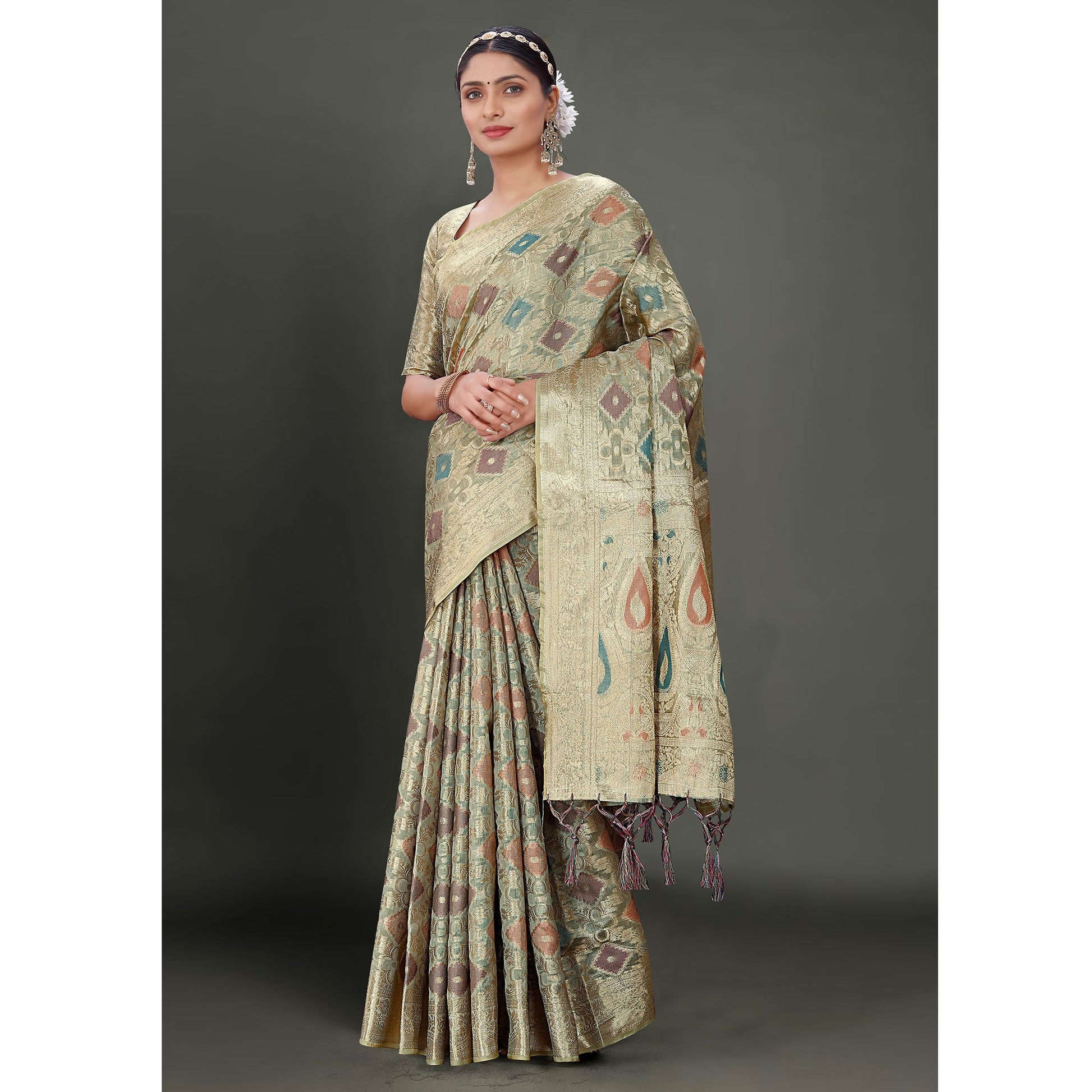 Grey Woven Organza Saree With Tassels