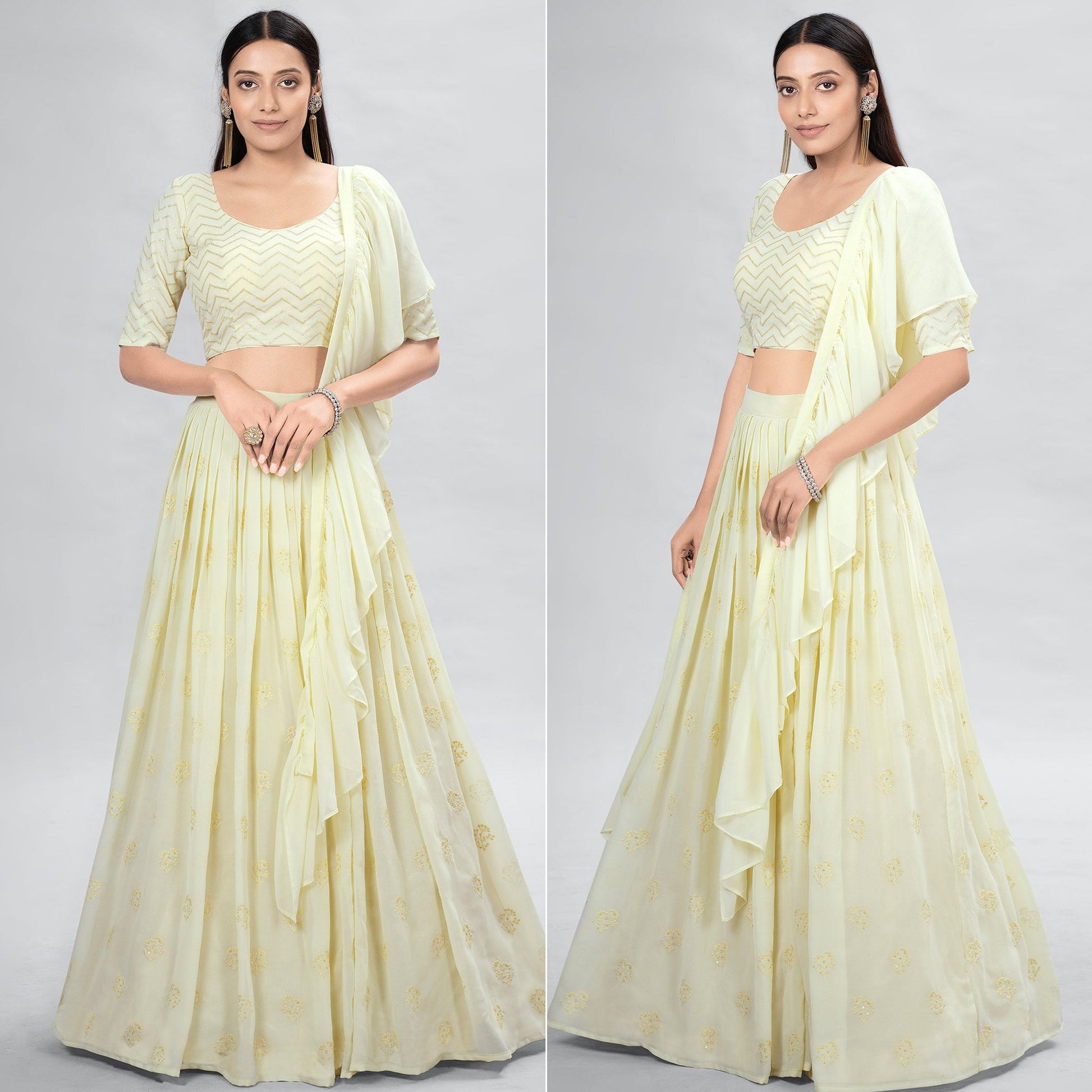 Cream Embroidered Georgette Lehenga Choli