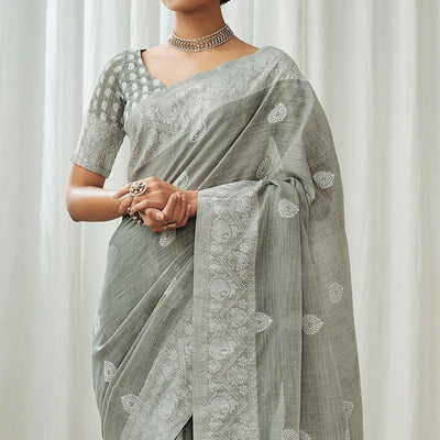 Grey Woven Linen Saree