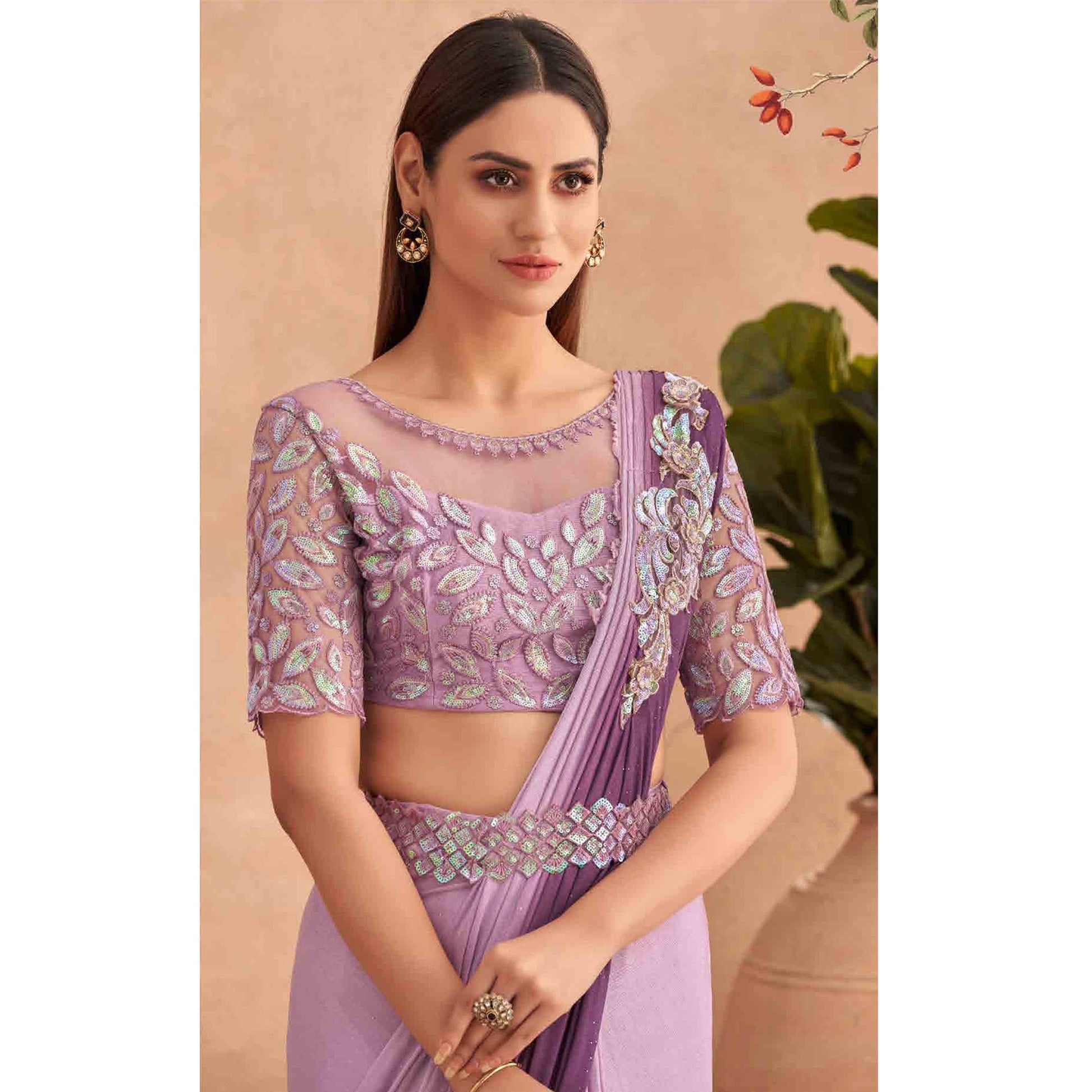 Lavender & Purple Sequins Embroidered Ready to Wear Lycra Saree