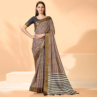 Grey Printed Dola Silk Saree With Tassels