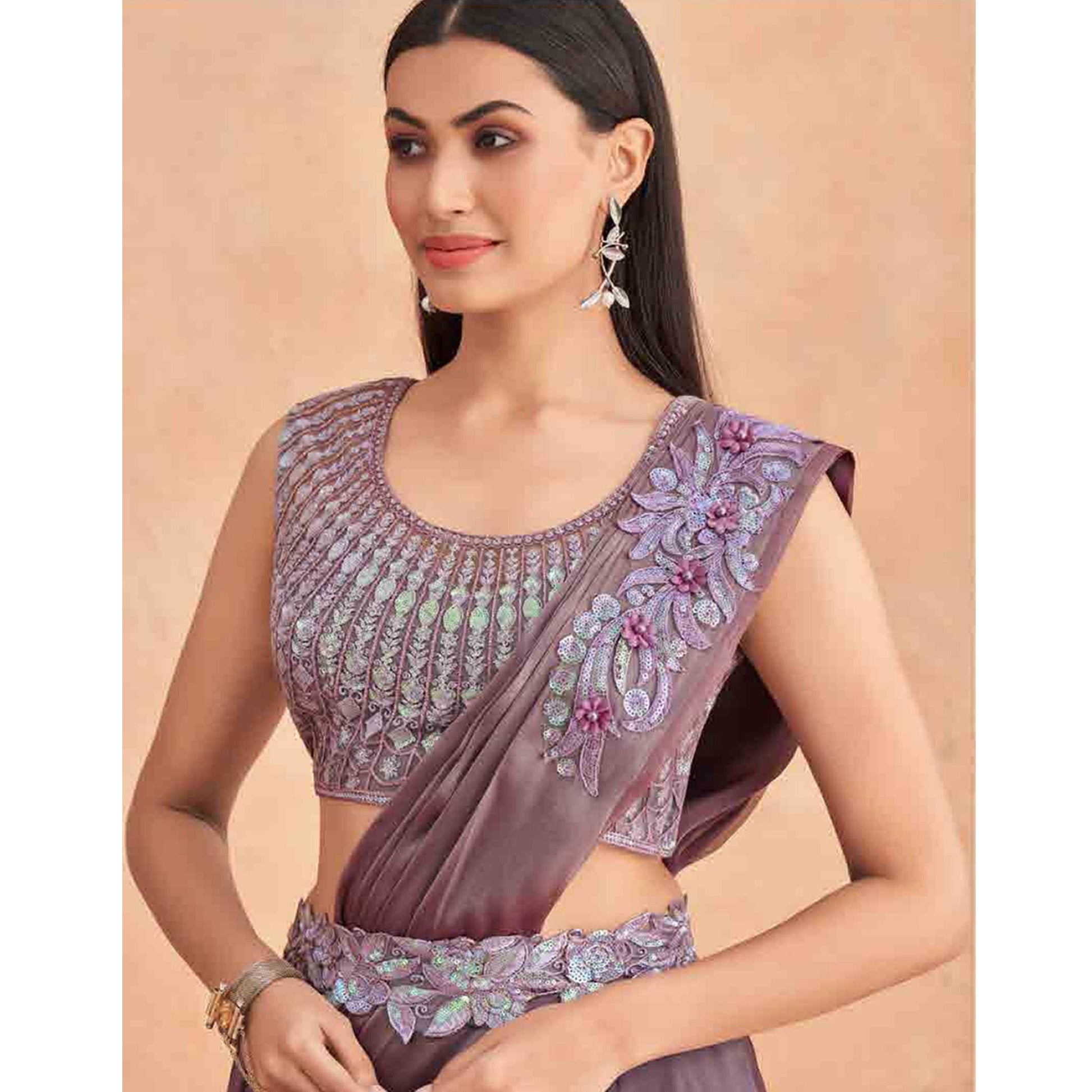 Mauve Sequins Embroidered Ready to Wear Art Silk Saree