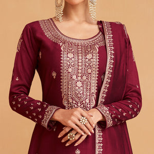 Maroon Embroidered Art Silk Palazzo Suit