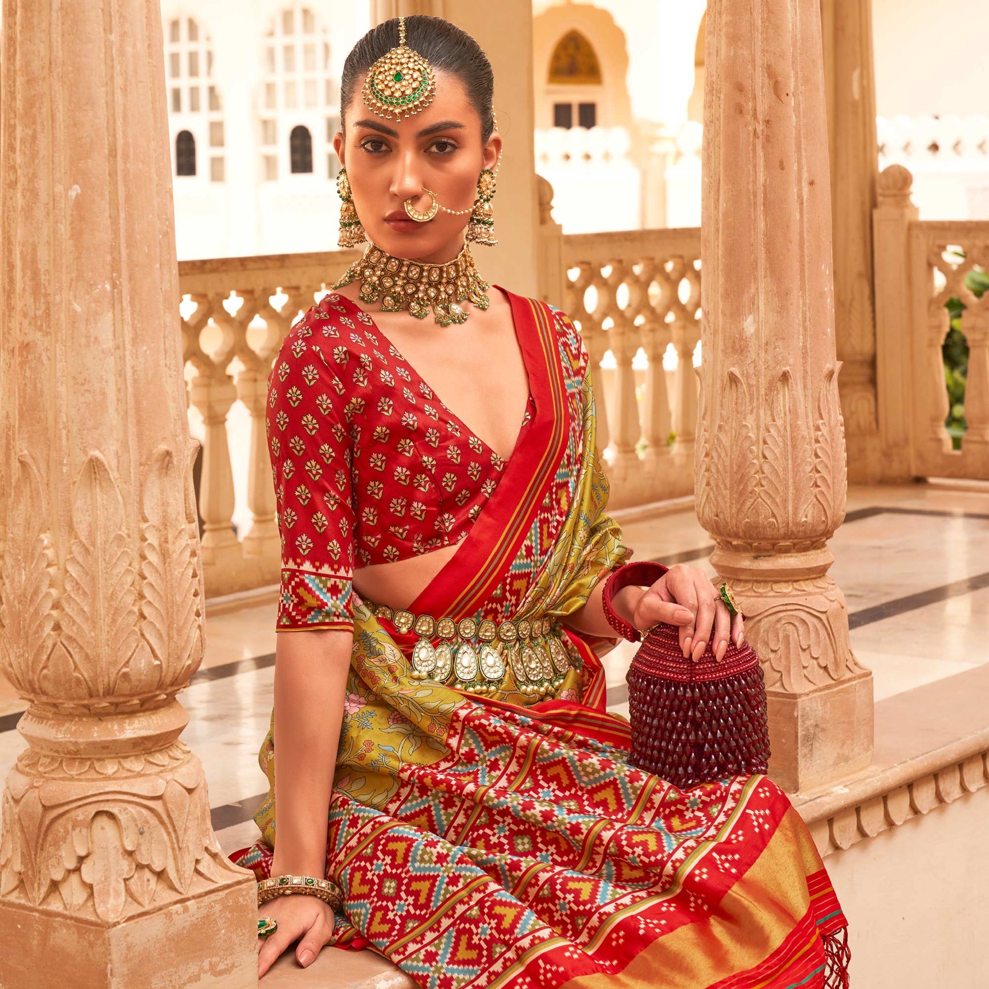 a-green-red-printed-tussar-silk-saree-with-tassels
