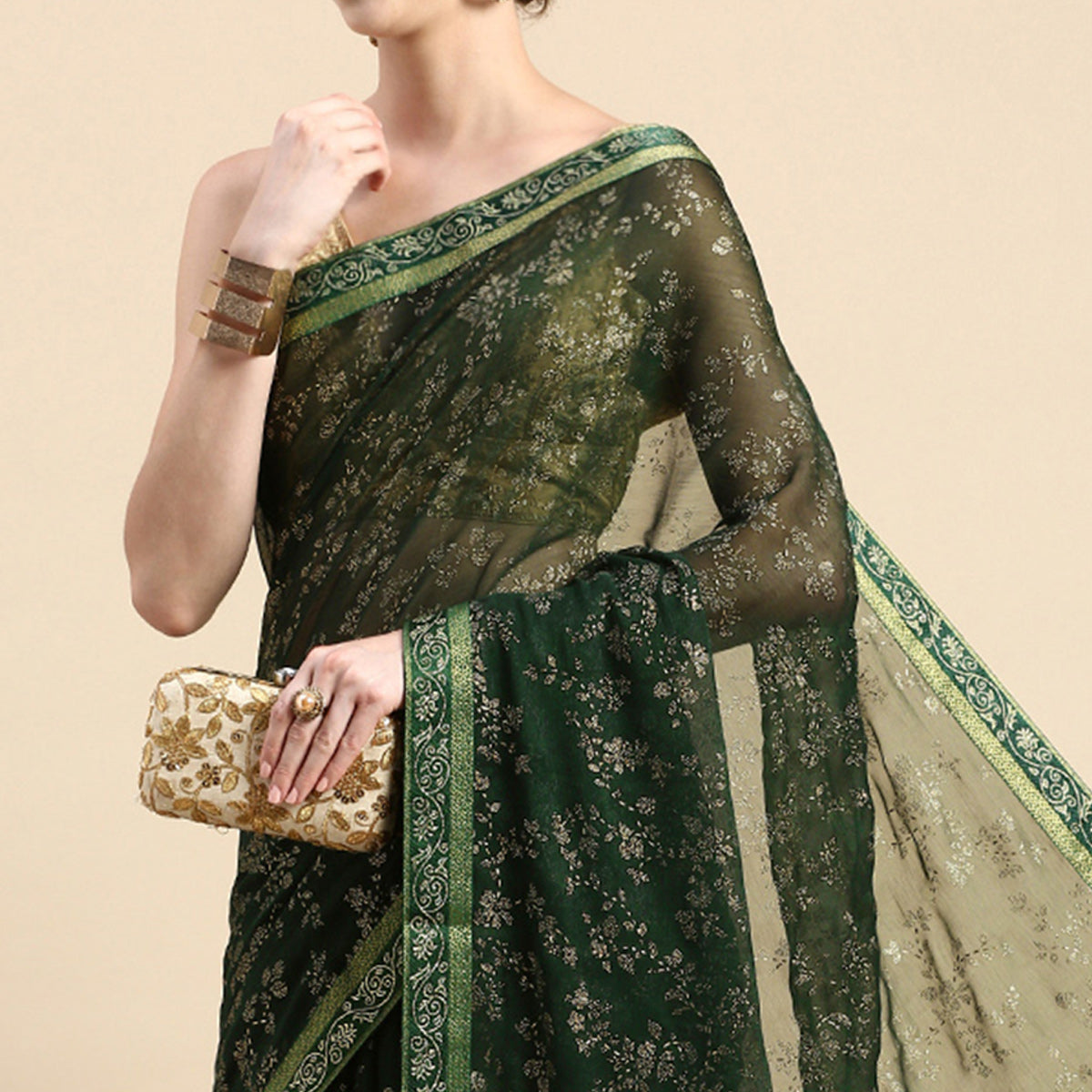 green-floral-foil-printed-shimmer-saree