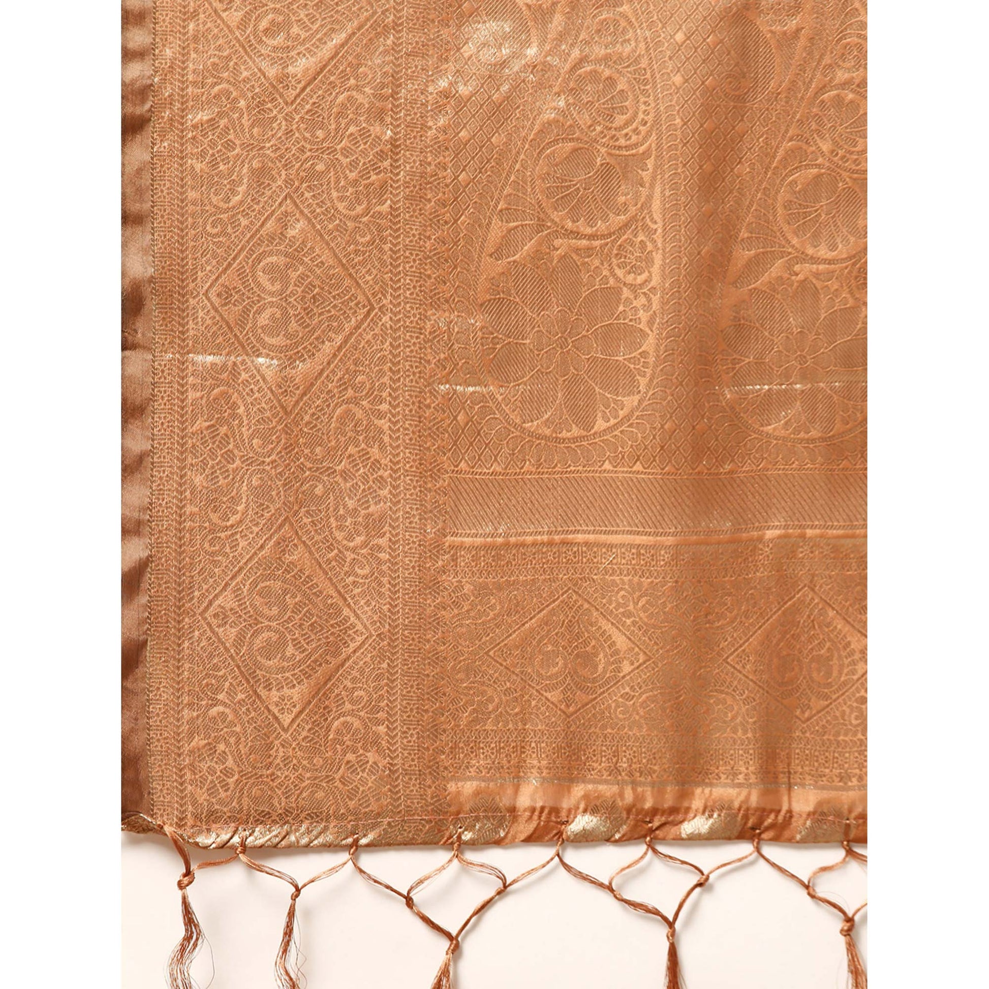 Brown Woven Organza Silk Saree With Tassels