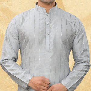 Grey Sequins Embroidered Art Silk Kurta Pyjama Set