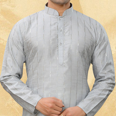 Grey Sequins Embroidered Art Silk Kurta Pyjama Set