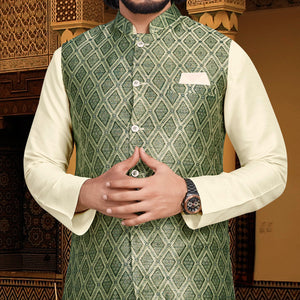Cream Green Woven Art Silk Kurta Pyjama Set With Jacket