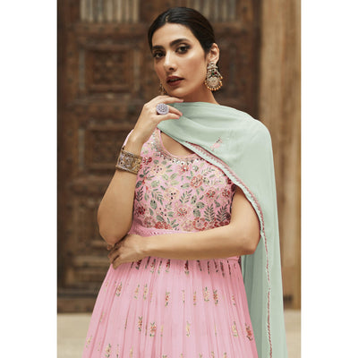 Light Pink Sequins Floral Embroidered Georgette Semi Stitched Anarkali Suit