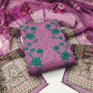 Mauve Floral Sequins Embroidered Art Silk Dress Material