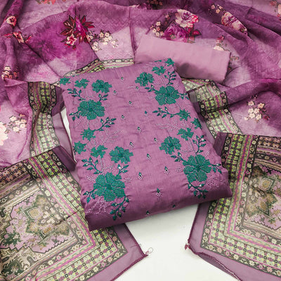 Mauve Floral Sequins Embroidered Art Silk Dress Material