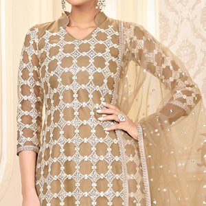 Brown Sequins Embroidered Net Semi Stitched Suit