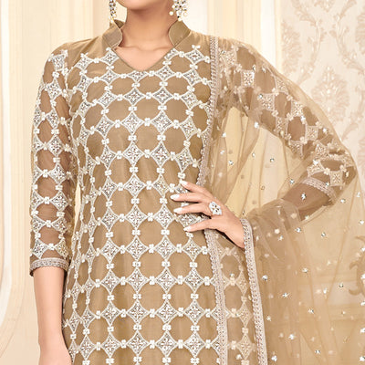 Brown Sequins Embroidered Net Semi Stitched Suit