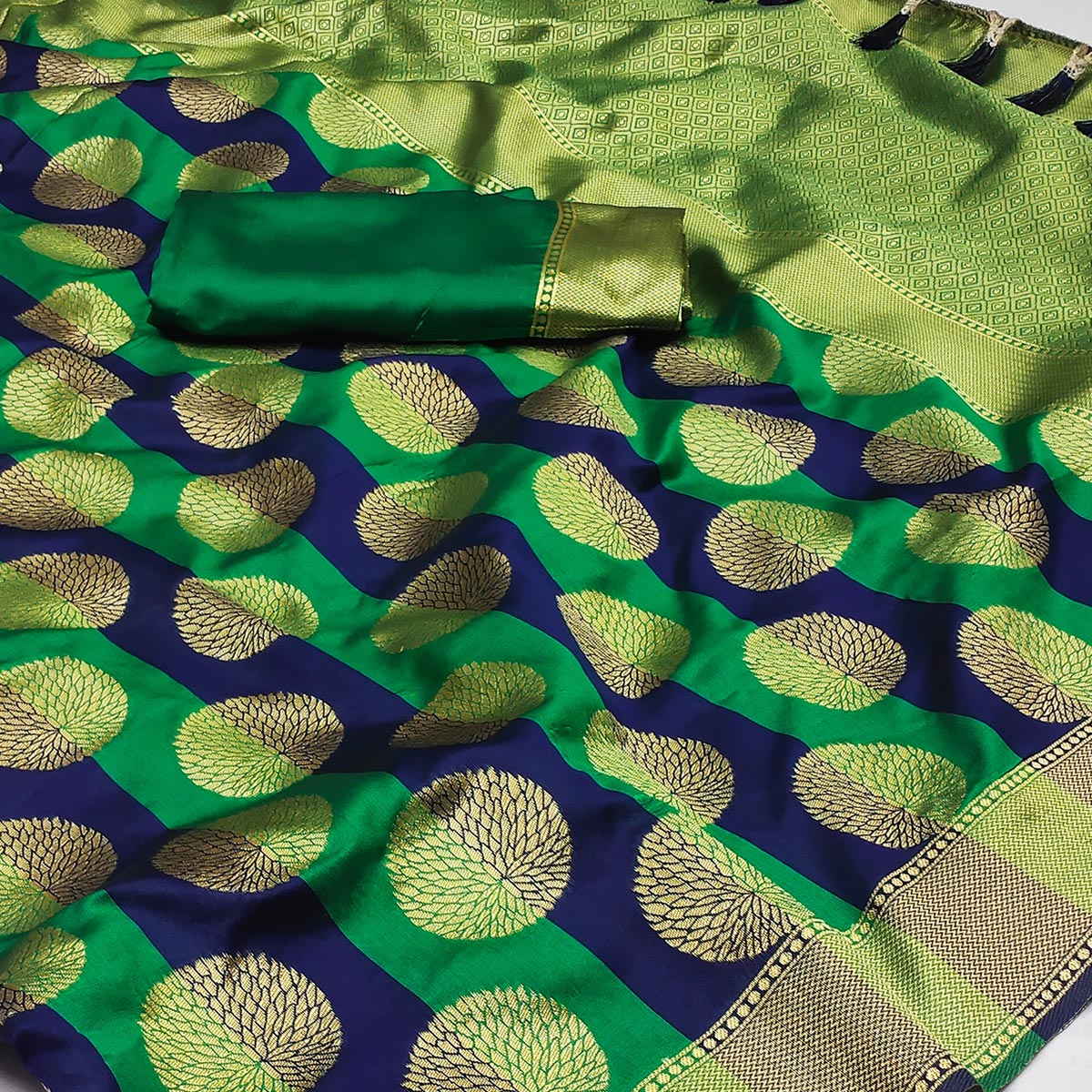 green-and-blue-woven-jacquard-saree-with-tassels