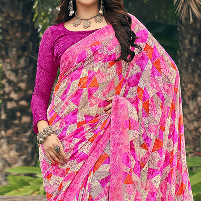Magenta Pink Geometric Printed Georgette Saree