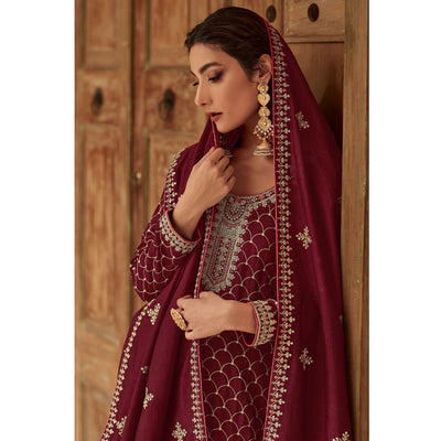 Maroon Floral Embroidered Art Silk Palazzo Suit