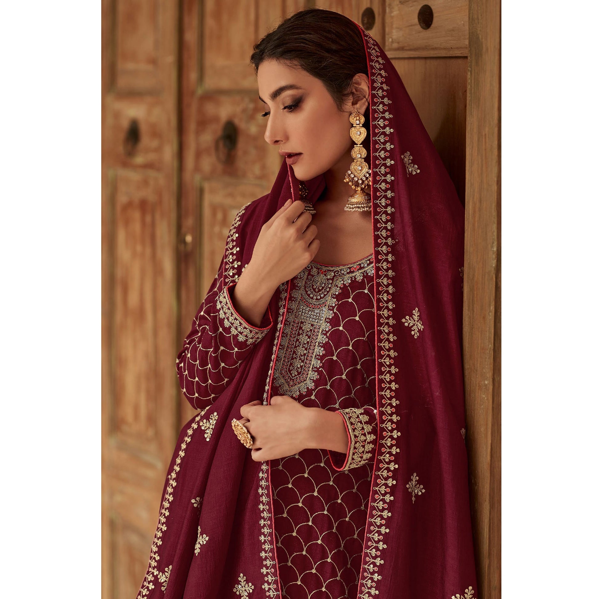 Maroon Floral Embroidered Art Silk Palazzo Suit