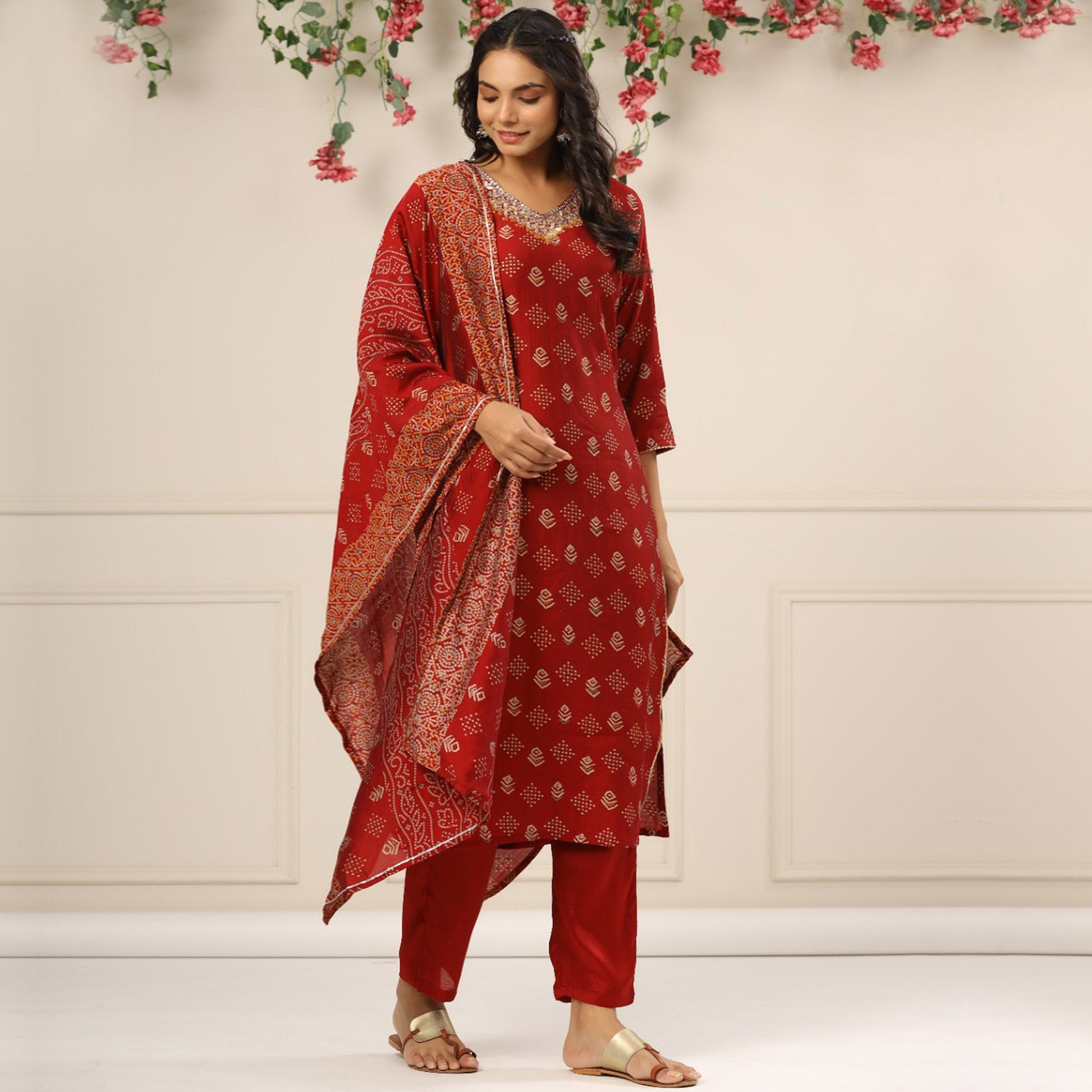 Maroon Jaipuri Printed With Gota Work Chanderi Salwar Suit