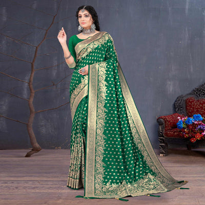 Bottle Green Woven Art Silk Saree With Tassels