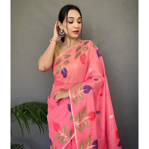 Gajari Pink Floral Woven Cotton Saree