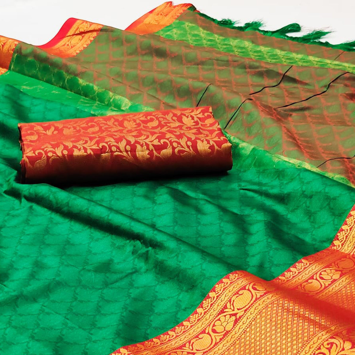 green-printed-and-woven-cotton-silk-saree-with-tassels