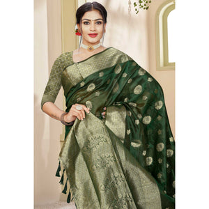 Bottle Green Floral Woven Organza Saree
