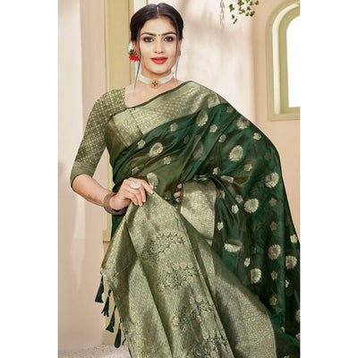 Bottle Green Floral Woven Organza Saree