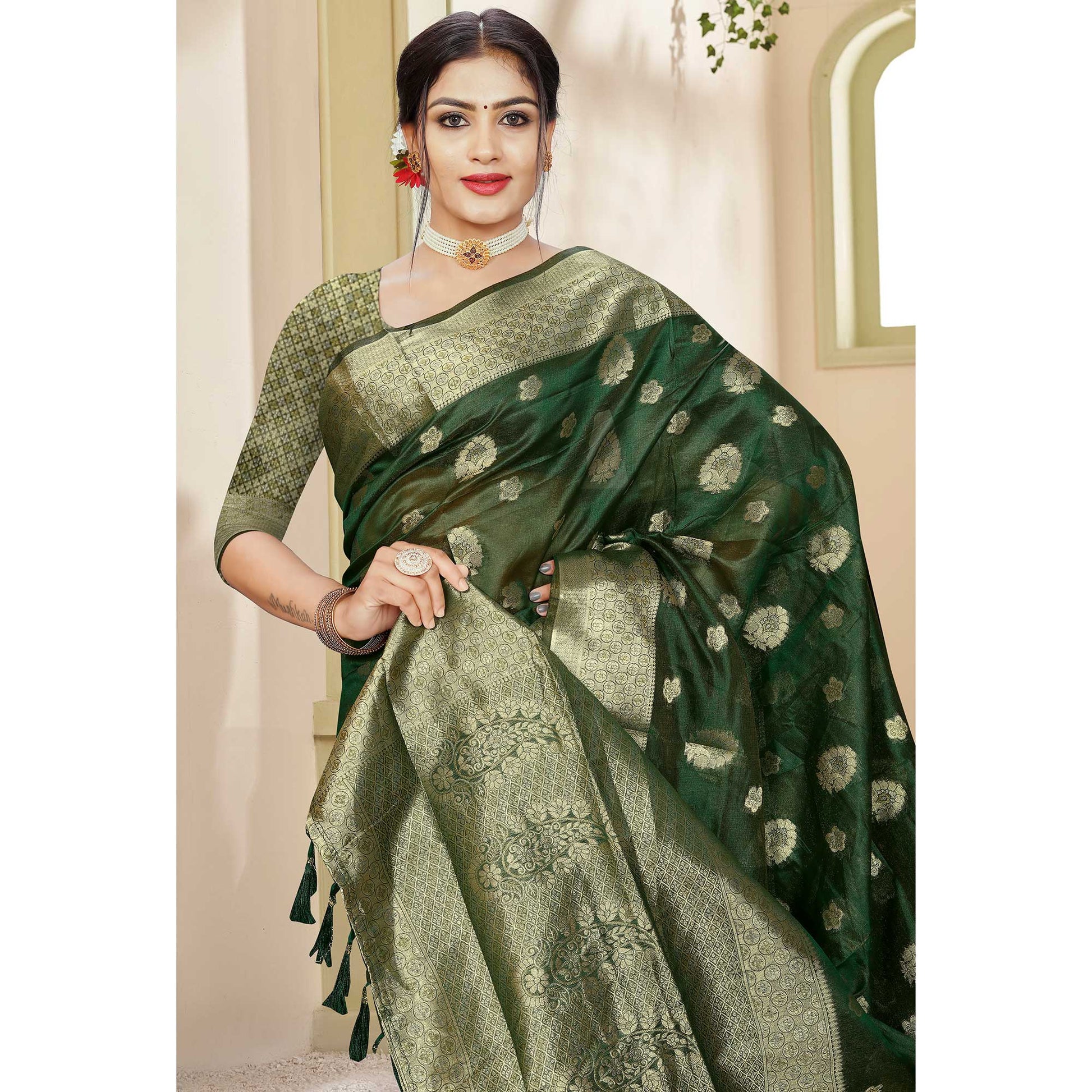 Bottle Green Floral Woven Organza Saree