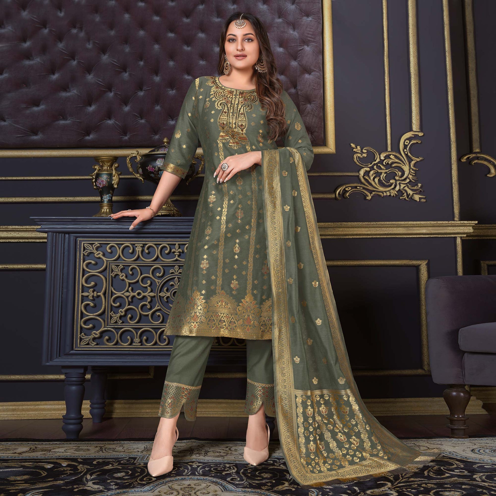 Grey Woven Banarasi Silk Salwar Suit