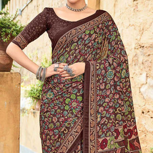 Brown Floral Printed Georgette Saree