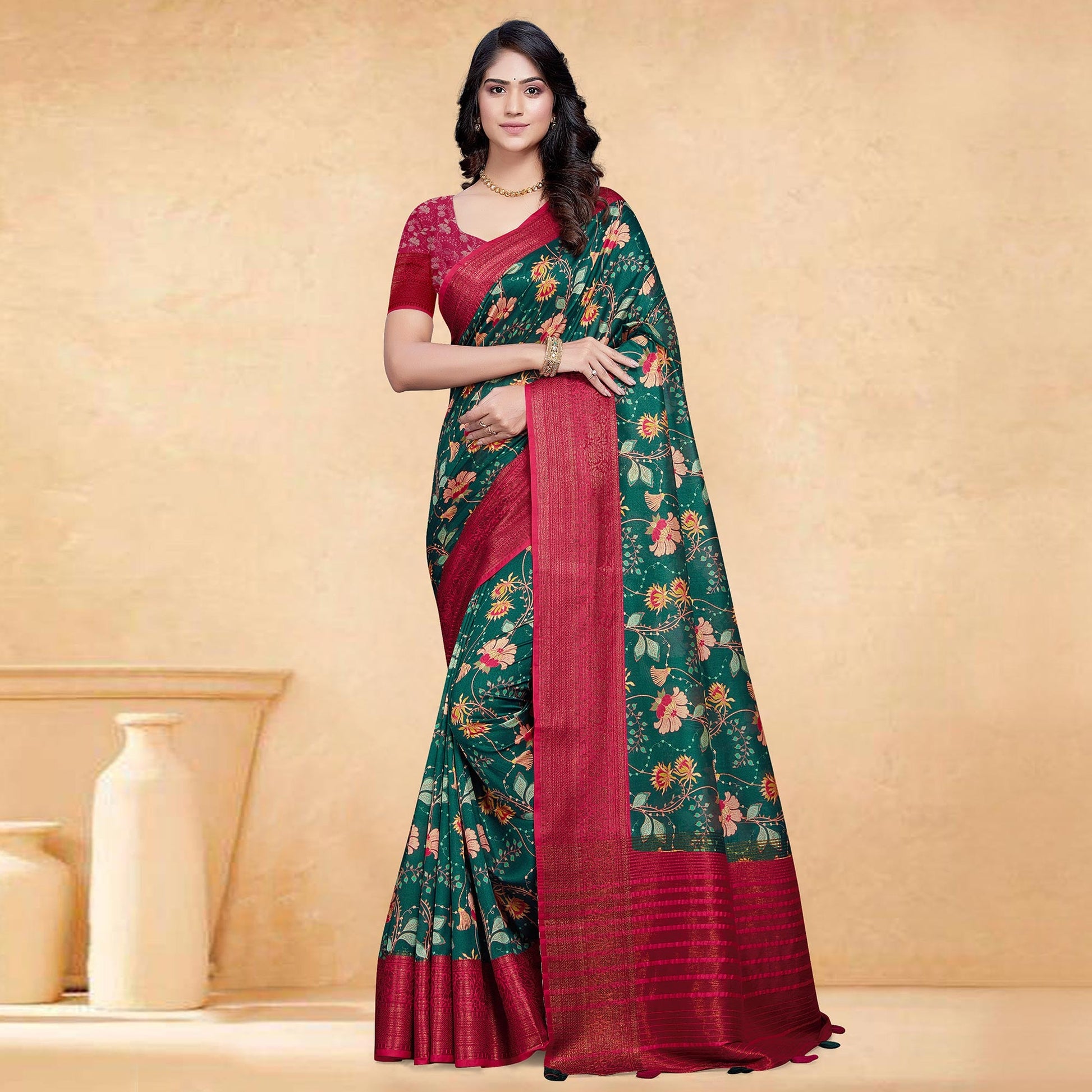 Dark Green Floral Digital Printed Tussar Silk Saree