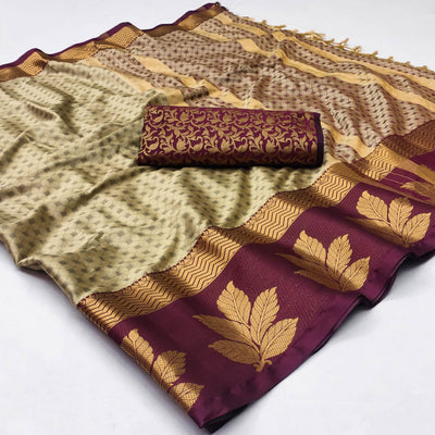 Chikoo Woven Cotton Silk Saree With Tassels
