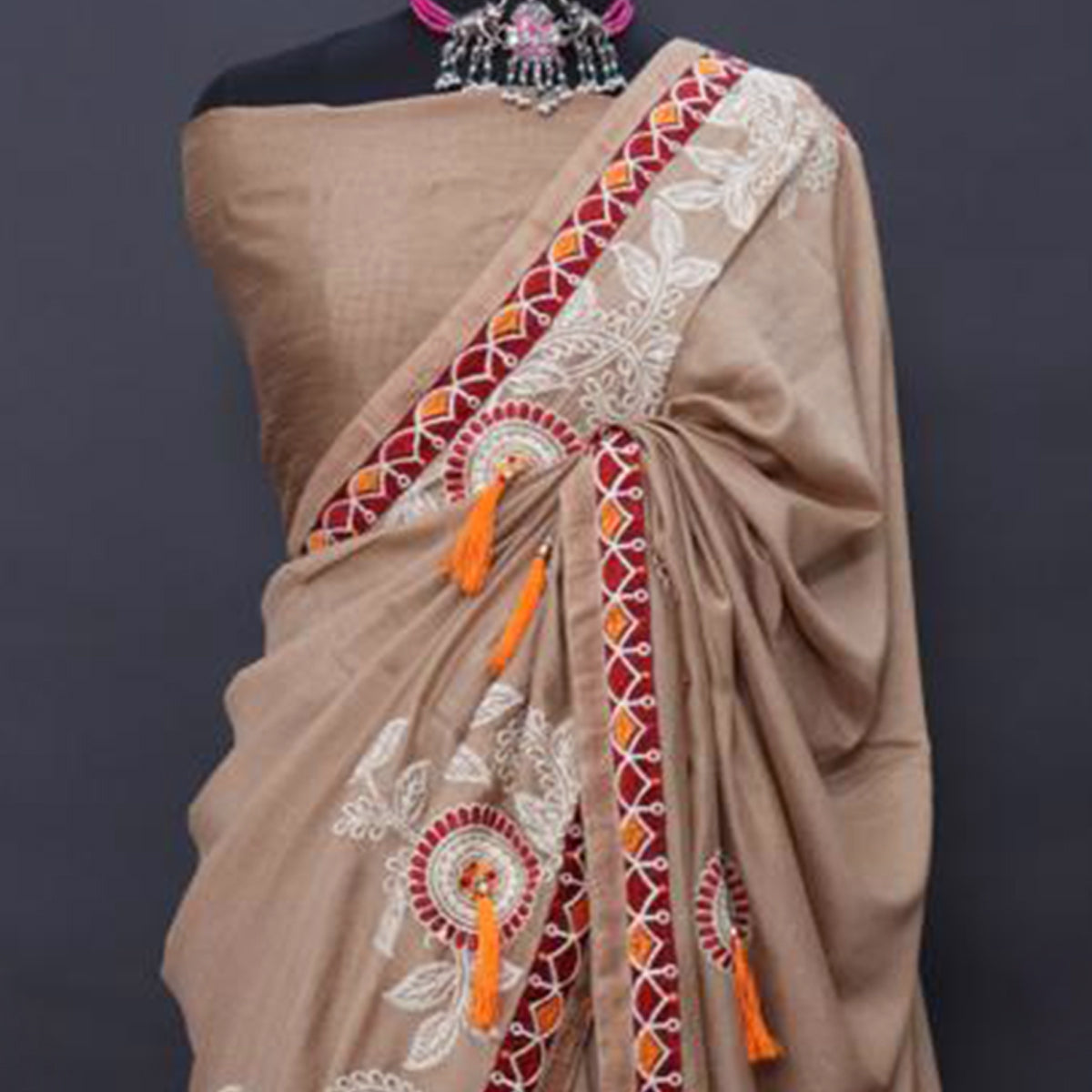 Dark Chikoo Embroidered Vichitra Silk Saree
