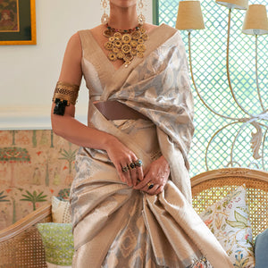 Grey Woven Art Silk Saree With Tassels