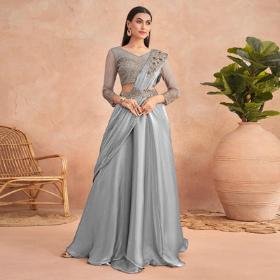 Grey Sequins Embroidered Ready to Wear Art Silk Saree