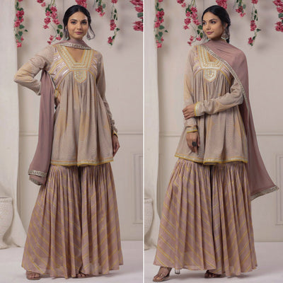 Mauve Printed With Embroidered Chiffon Sharara Suit