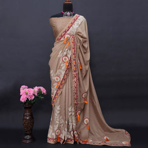 Dark Chikoo Embroidered Vichitra Silk Saree