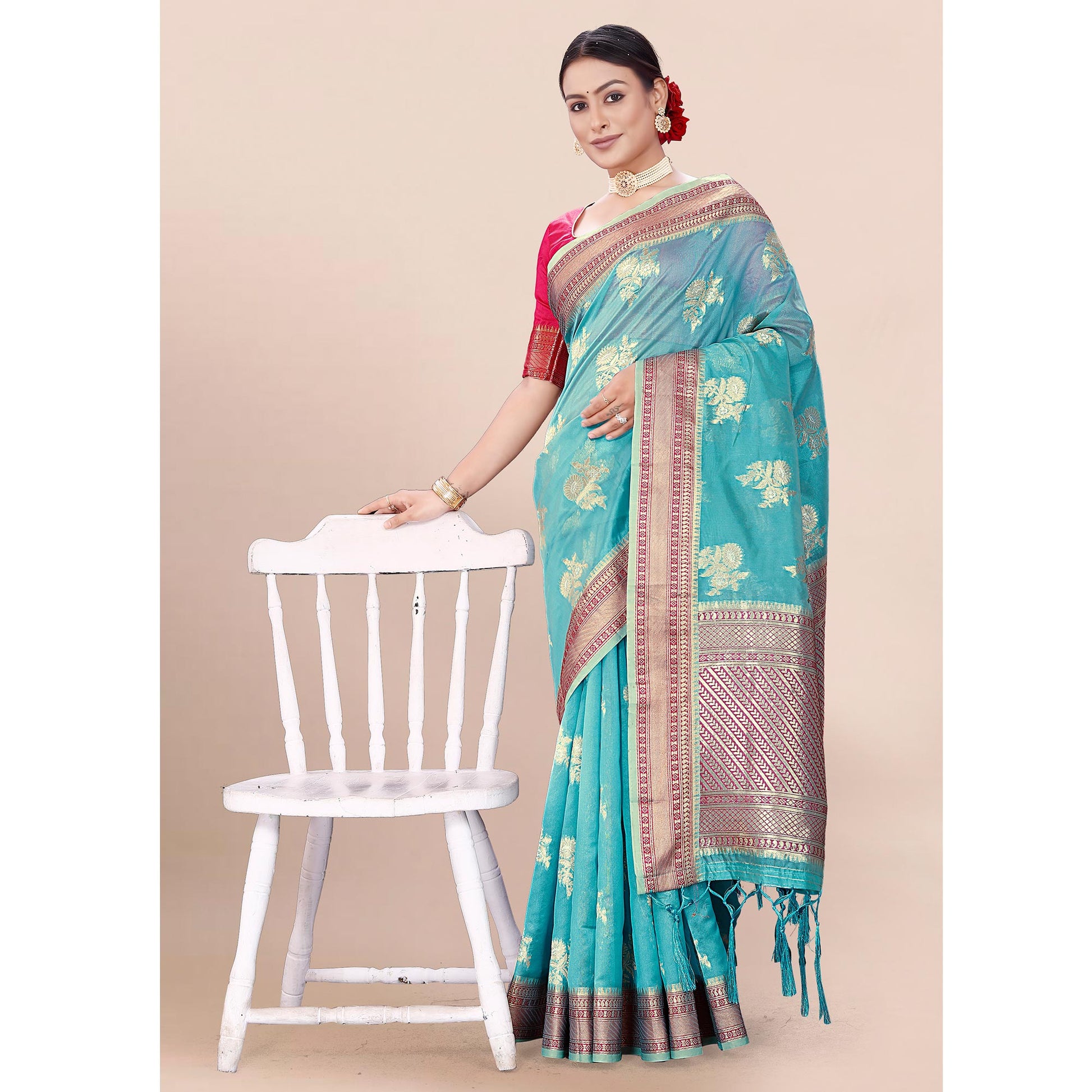 Blue Woven Organza Saree With Tassels