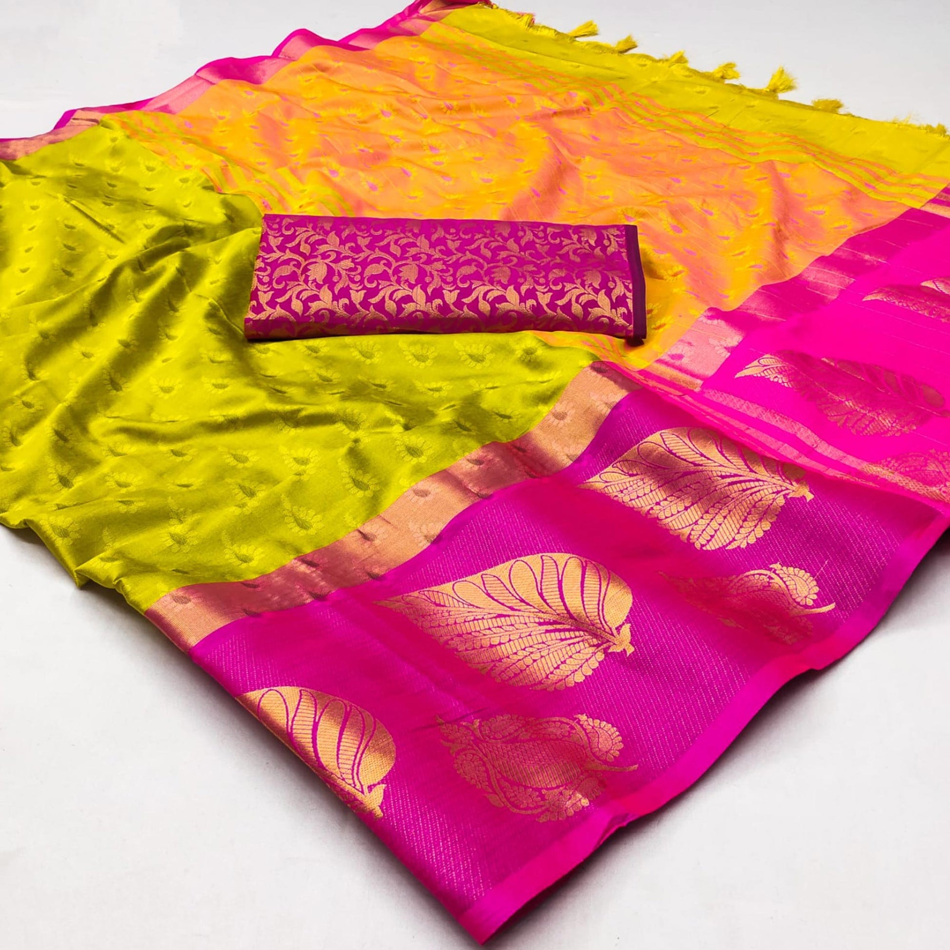 Lemon Green & Pink Woven Cotton Silk Saree With Tassels