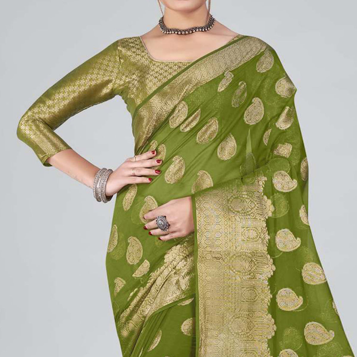 green-woven-organza-saree-with-tassels-2