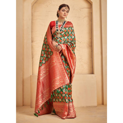 green-woven-patola-art-silk-saree-with-tassels
