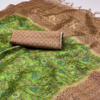 green-floral-printed-cotton-silk-saree-with-tassels