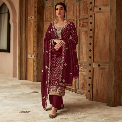 Maroon Floral Embroidered Art Silk Palazzo Suit